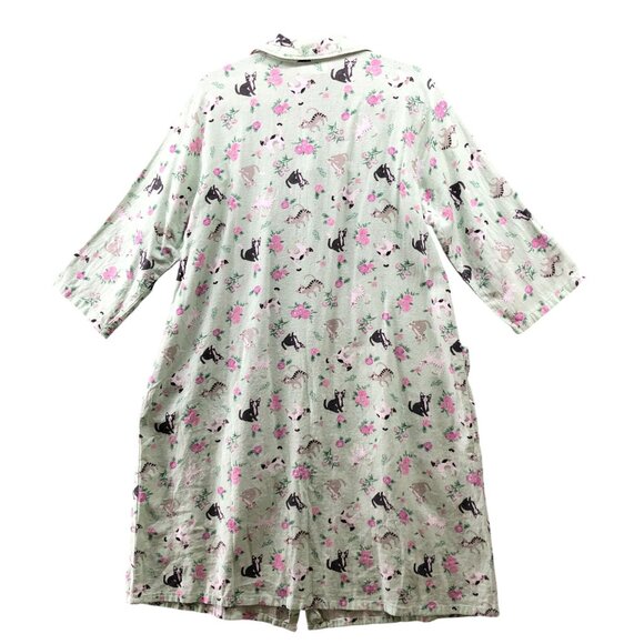Cozee Corner Flannel Nightgown Womens L Cat Print Green Cat Lady Floral - Picture 2 of 8